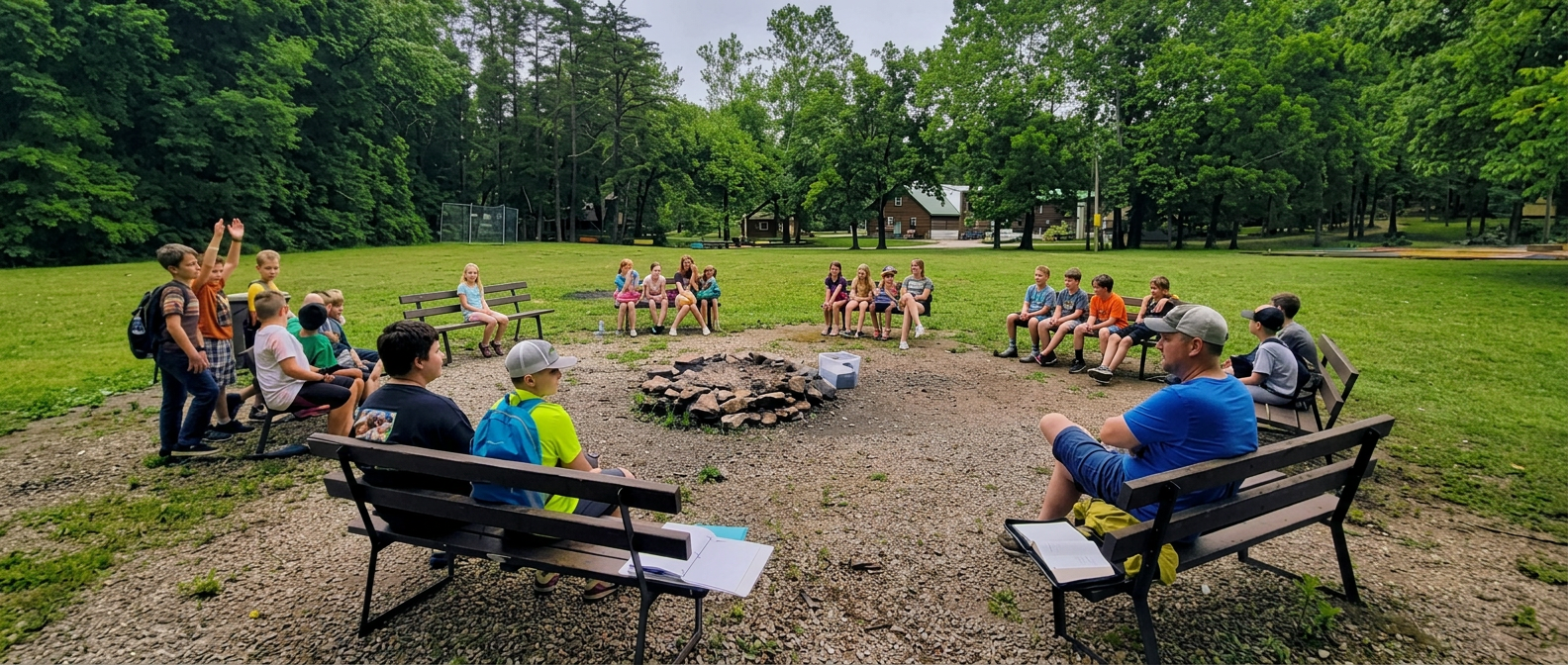 Campers seated around a campfire circle at BP Camp